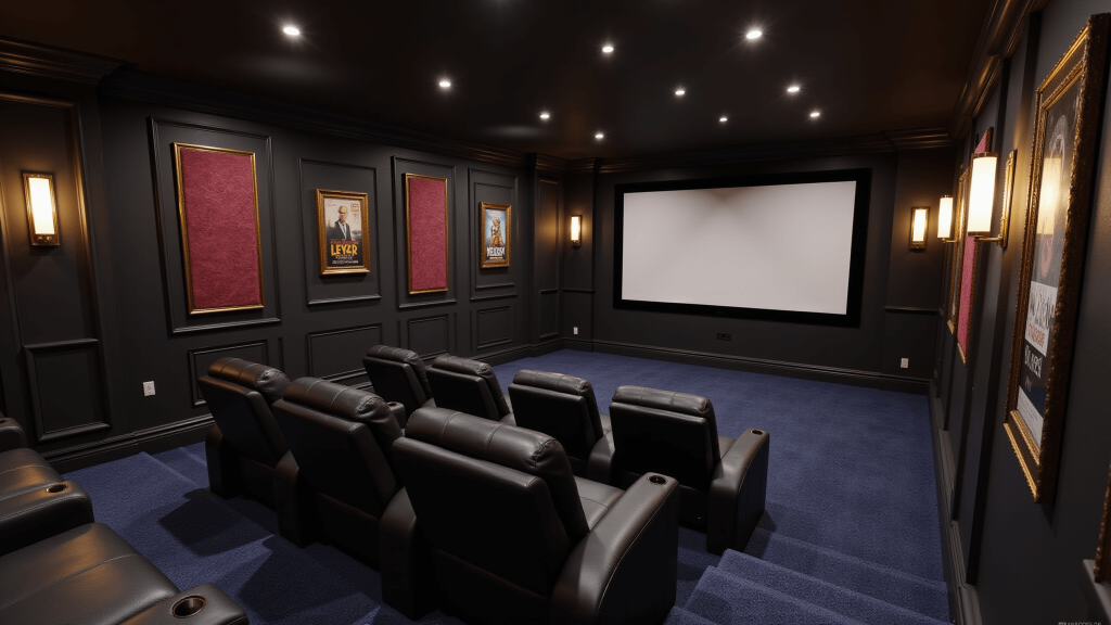 "Luxurious home theater room with tiered black leather recliners, burgundy acoustic panels, warm ambient lighting, large projector screen, vintage movie posters, and navy carpet."