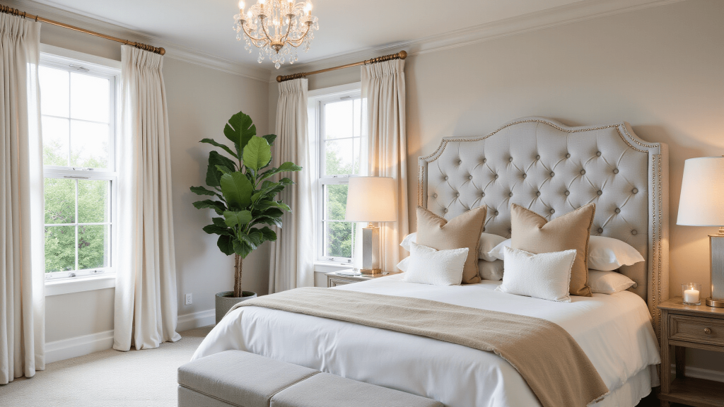 "Luxurious bedroom with pearl grey tufted headboard, crystal chandelier, greige walls, ivory drapes, brass fixtures and a large fiddle leaf fig plant in morning light"