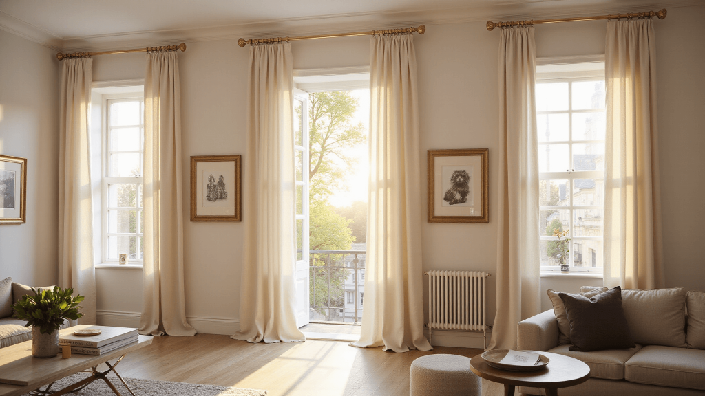 "Elegant living room during golden hour with ivory silk curtains draping from brass hardware, sunlit creating soft shadows, with minimalist modern furniture and ambient lighting."
