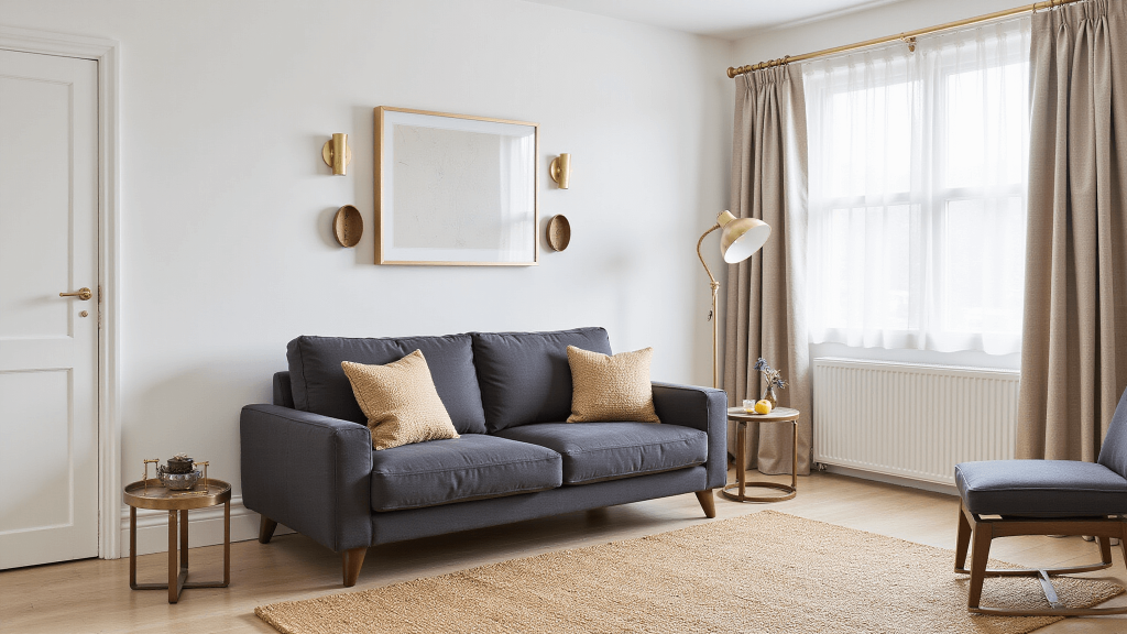 "Elegant minimalist living room featuring a charcoal sofa, jute rug, brass accents, and natural light streaming through windows with a warm neutral palette."