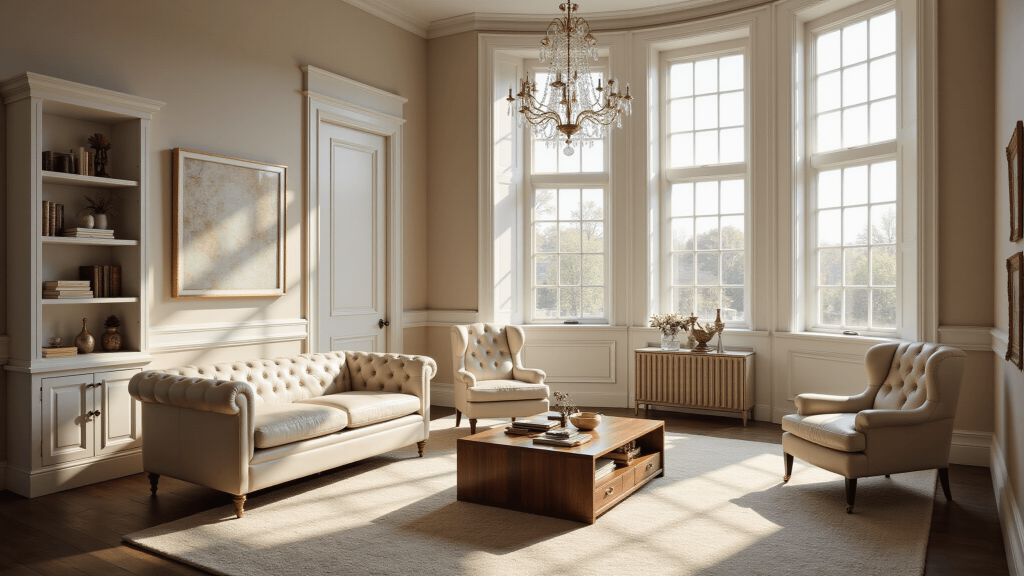 "Elegant sunlit living room with Chesterfield sofa, wingback chairs, walnut coffee table, layered rugs, and built-in bookcases, featuring classic architectural details and brass accents"