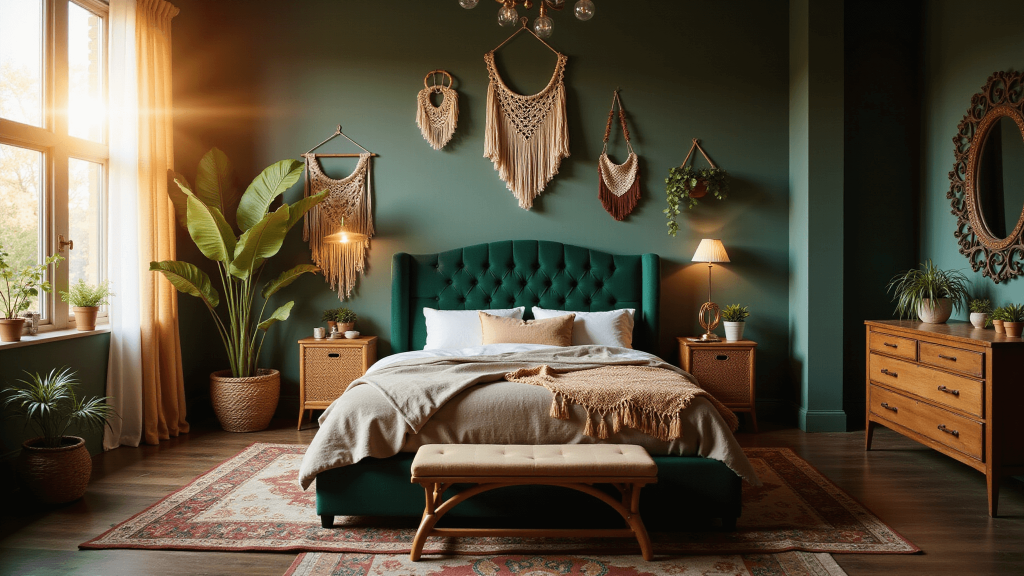 "Bohemian bedroom with emerald velvet headboard, vintage rugs, brass accents, rattan furniture, macramé decorations, and plants in warm sunlight"