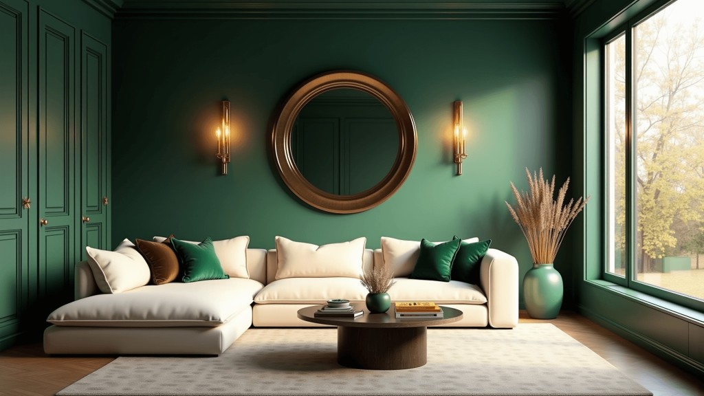 "Elegant living room with emerald green walls, cream sectional sofa, brass accents and large windows with golden hour light"