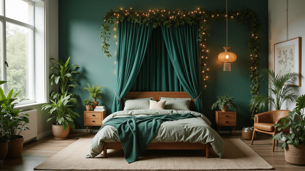 "Dreamy bedroom with emerald green accent wall, twinkle lights, canopy bed with green curtains, lush potted plants, wood elements, and soft golden hour lighting."