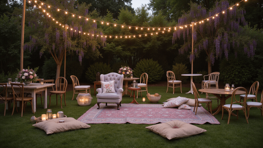 "Twilight garden party scene with string lights, vintage furniture, mason jar lanterns, and floral arrangements"