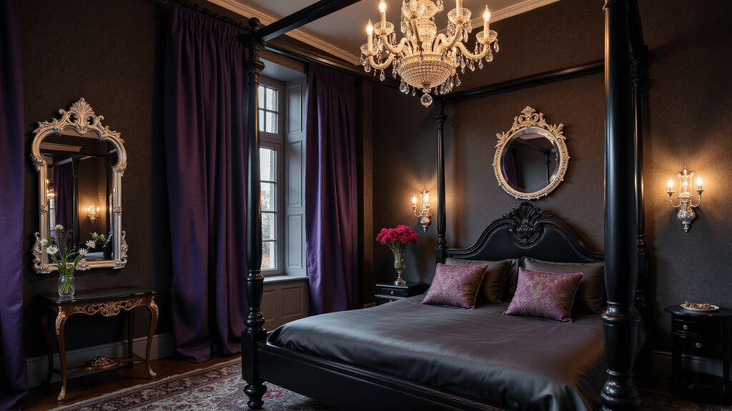 "Elegant gothic bedroom with black four-poster bed, purple velvet drapes, crystal chandelier, silver mirrors and charcoal damask walls"