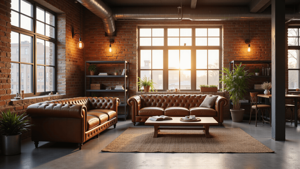 "Industrial loft living room with leather Chesterfield sofa, exposed brick walls, factory windows, Edison bulb lights, and green plants during golden hour."