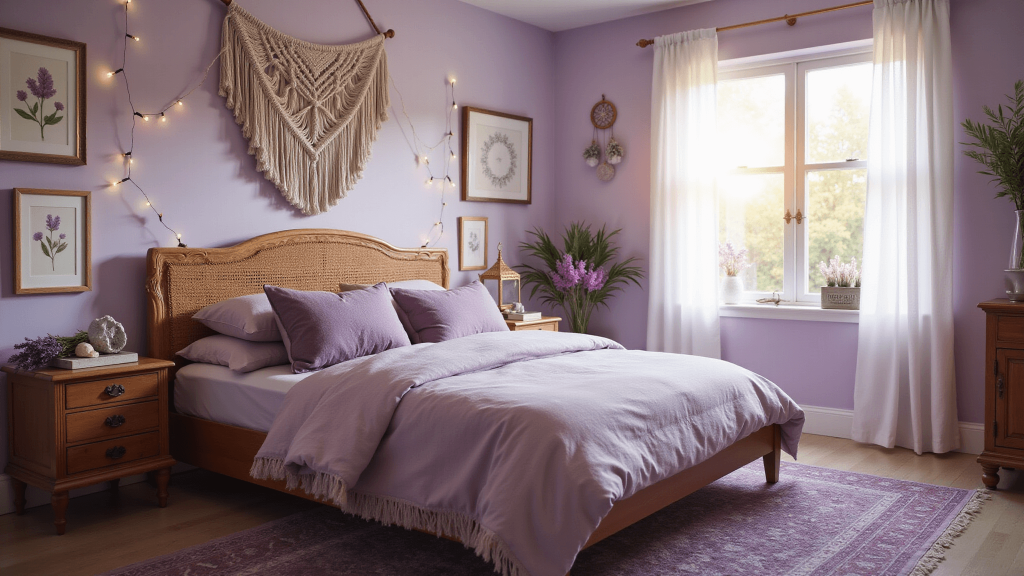 "Sunlit lavender bedroom with bohemian decor, plush queen bed, botanical prints, rattan headboard, macramé wall hanging, Moroccan lanterns, and vintage wooden nightstands."