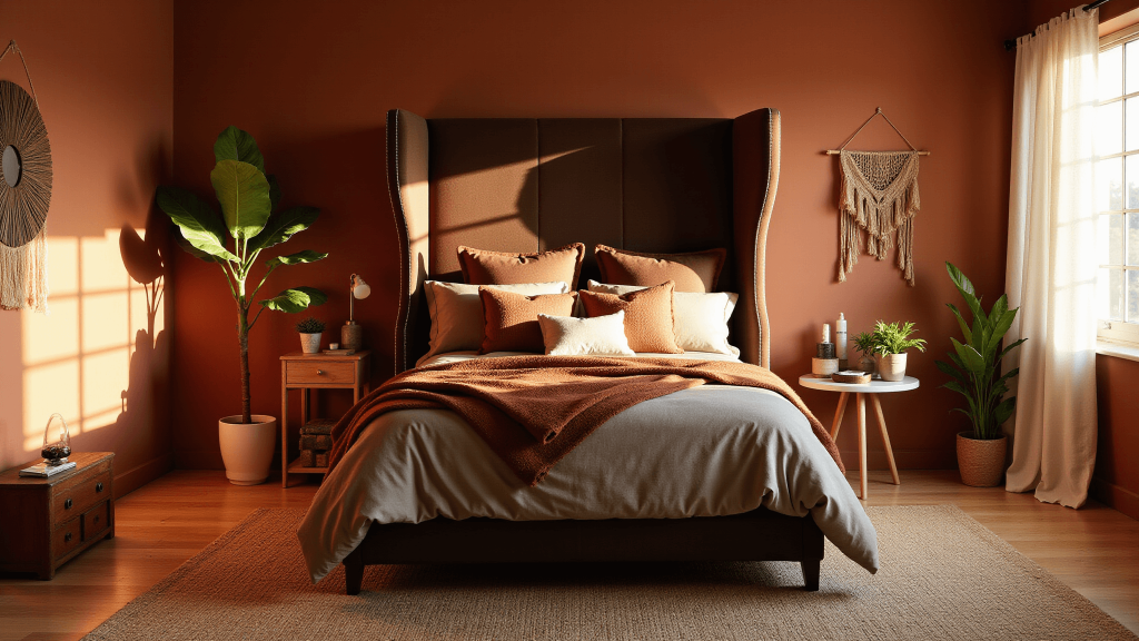 "Sunny luxury bedroom with a chocolate velvet headboard, terracotta walls, earth-tone bedding, oak flooring, jute rug, and potted plants, captured during golden hour"