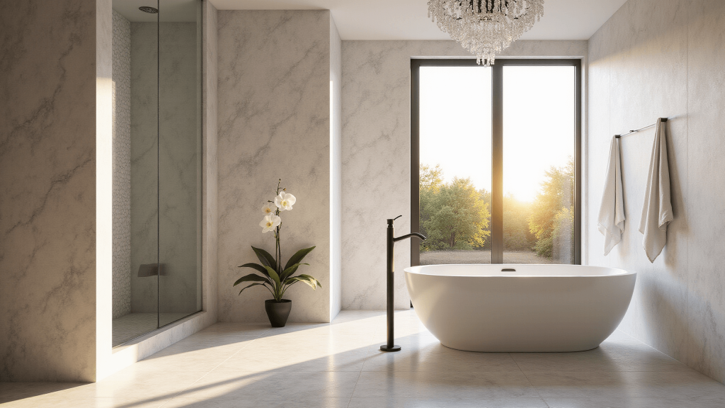 "Spacious modern bathroom with marble tiles, freestanding soaking tub, black fixtures, Carrara mosaic wall, crystal chandelier, and golden hour sunlight."