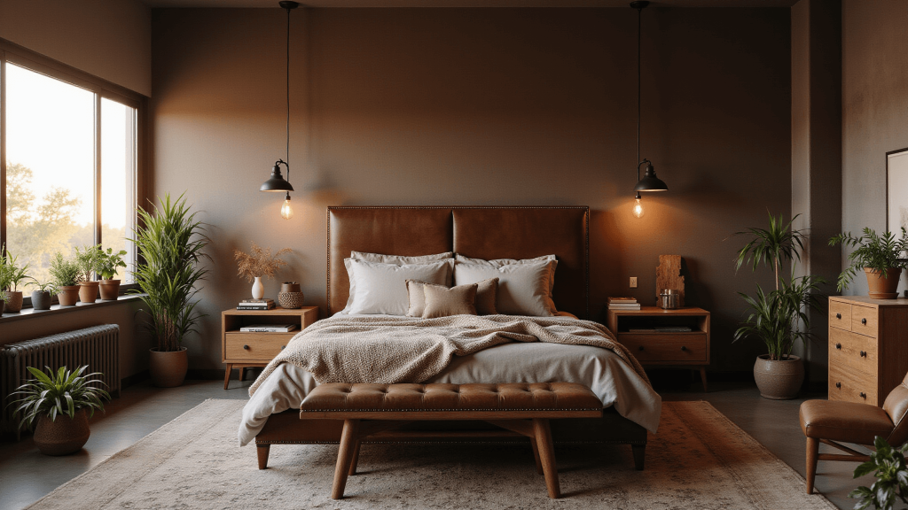 "Bohemian bedroom with earth-tone textiles, brown leather accents, wood furniture, geometry patterns, plants, and vintage decor illuminated by golden hour light."
