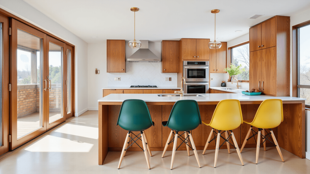 Bright, airy mid-century modern kitchen with walnut cabinets, brass accents, Eames chairs in forest green, mustard yellow cushions, and large windows.