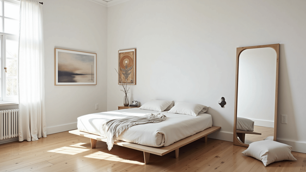 "Cozy minimalist bedroom with white walls, hardwood oak floors and a queen platform bed, highlighted by soft morning light."