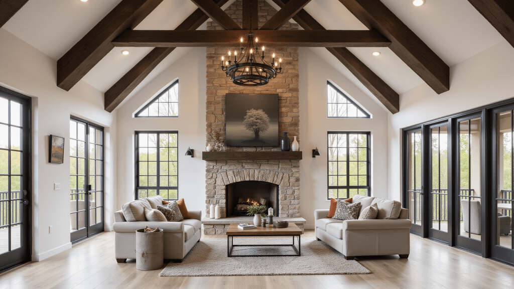 "Interior of a modern barn house with vaulted ceilings, exposed beams, stone fireplace, whitewashed oak floors, and warm afternoon glow through large windows"