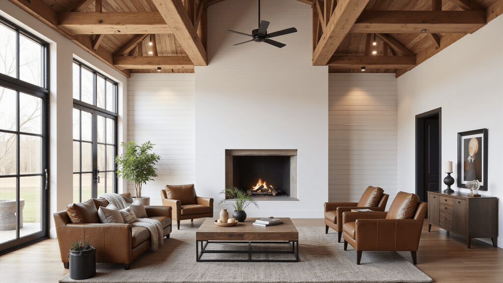 "Interior of modern barnhouse with exposed wooden beams, white walls, vintage accents, and abundant natural light"