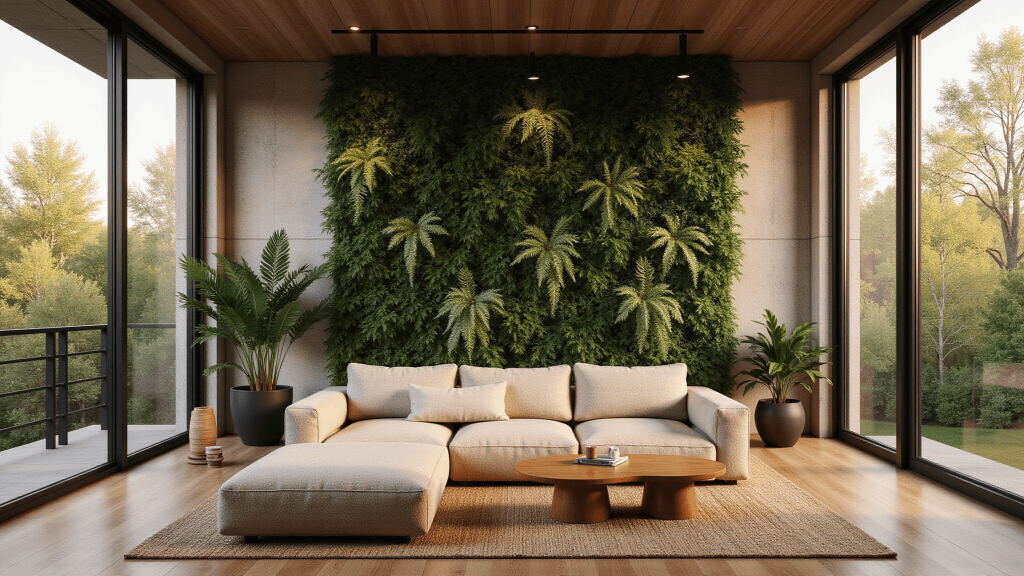 "Modern biophilic luxury living room with lush living wall and floor-to-ceiling windows lit by golden hour light"