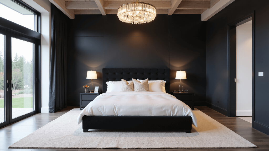 "Luxurious modern black bedroom with king bed, white bedding, crystal chandelier, gold accents and natural light streaming through floor-to-ceiling windows"