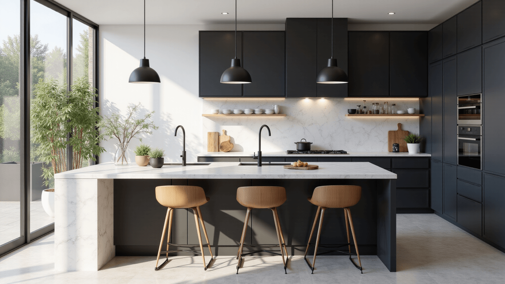 "Modern luxury kitchen with black matte cabinets, white marble island, wooden bar stools and natural light streaming in"