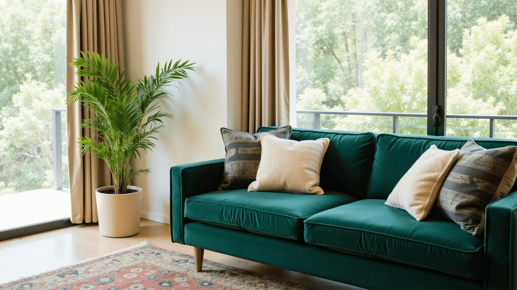 "Modern living room with emerald velvet sofa, golden accents, lush plants, and textured pillows, bathed in warm sunlight streaming through the windows"