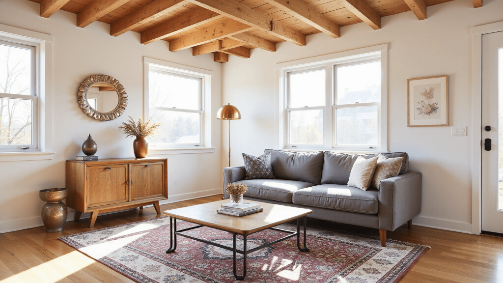 "Sunlit modern farmhouse living room with gray linen sofa, brass floor lamp, textured rugs, and organic elements like dried flowers in copper vases"