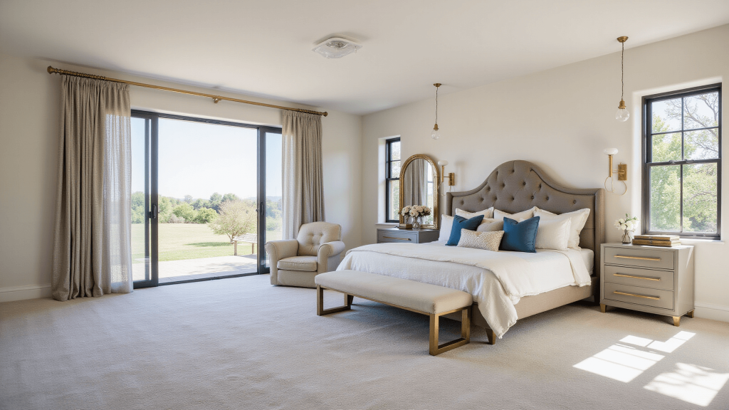"Modern luxury bedroom with ivory and taupe tones, soft blue accents, plush bedding, gold accents, sculptural lighting, and floor-to-ceiling windows illuminating the room in morning sunlight"