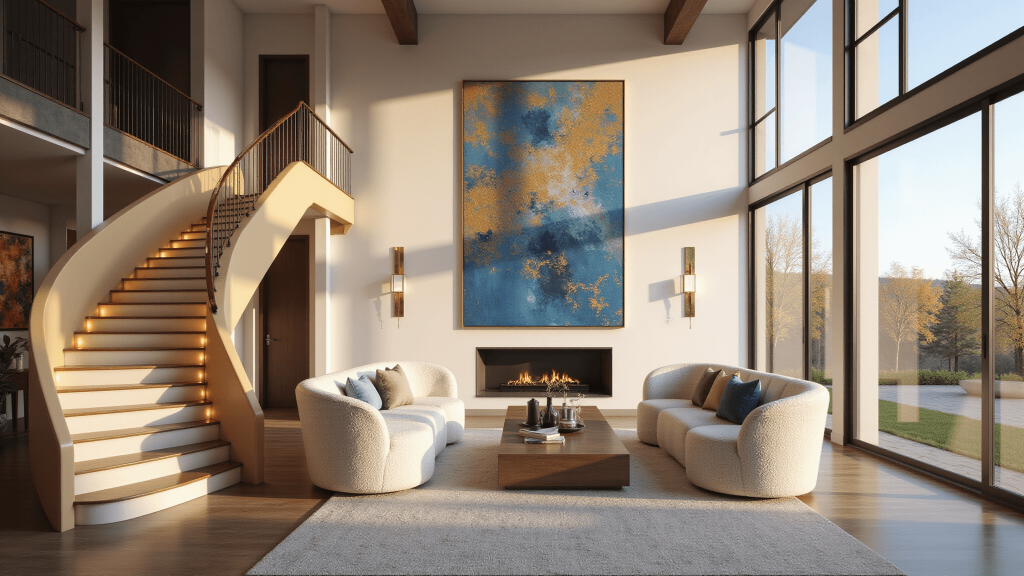 "Luxurious great room with double-height windows, curved staircase, cream bouclé seating, abstract blue and gold artwork, during golden hour."
