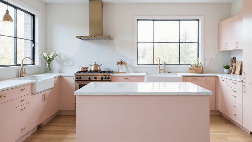 "Modern kitchen with blush pink cabinets, white quartz countertops, brass fixtures, and sunlight streaming through large windows"