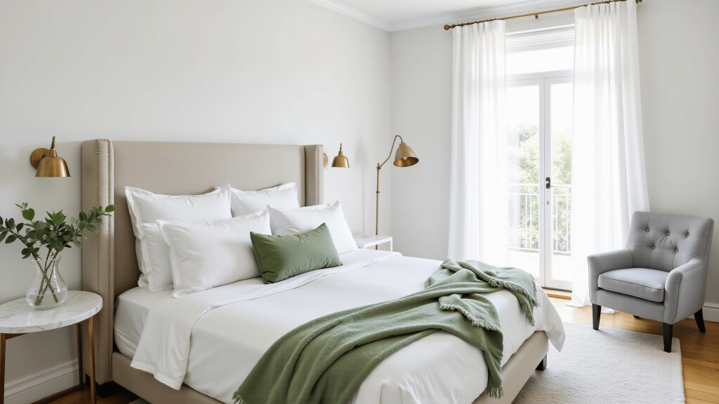 "Modern boutique guestroom interior with a queen bed, sage green accents, brass fixtures, and a marble bedside table"