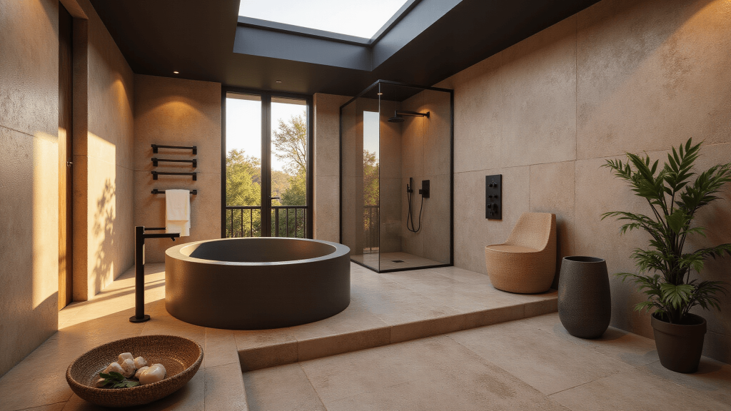 "Luxurious bathroom with Japanese soaking tub, natural stone tiles, rainfall shower, ambient lighting, and organic elements creating a serene spa-like sanctuary"