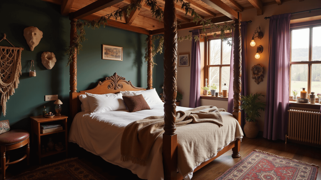 "Rustic boho bedroom with wooden canopy bed, dried herbs, vintage decor, crystals, and warm golden light"