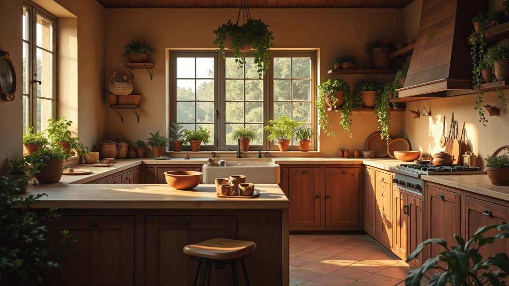 "Cozy rustic kitchen interior with reclaimed wood cabinets, butcher block island, copper cookware, hanging ivy plants, and herb garden in warm lighting"