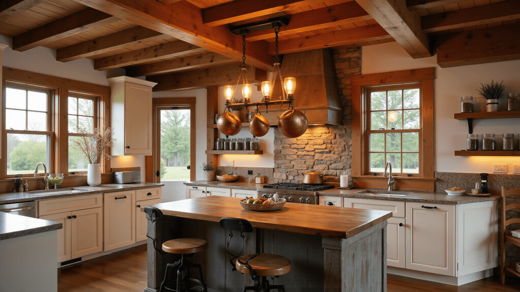 "Rustic farmhouse kitchen with warm woodwork, copper pots, distressed oak island, Edison bulb chandelier, and mason jars of dried herbs in golden hour lighting"