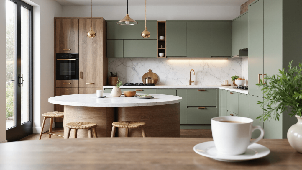 "Modern kitchen with sage green cabinets, walnut accents, white marble countertops, brass hardware, and natural light streaming through tall windows"
