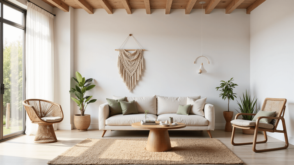 "Scandinavian boho living room with white walls, wooden beams, linen sofa, rattan chair, layered rugs, indoor plants, and macramé wall hanging during golden hour"