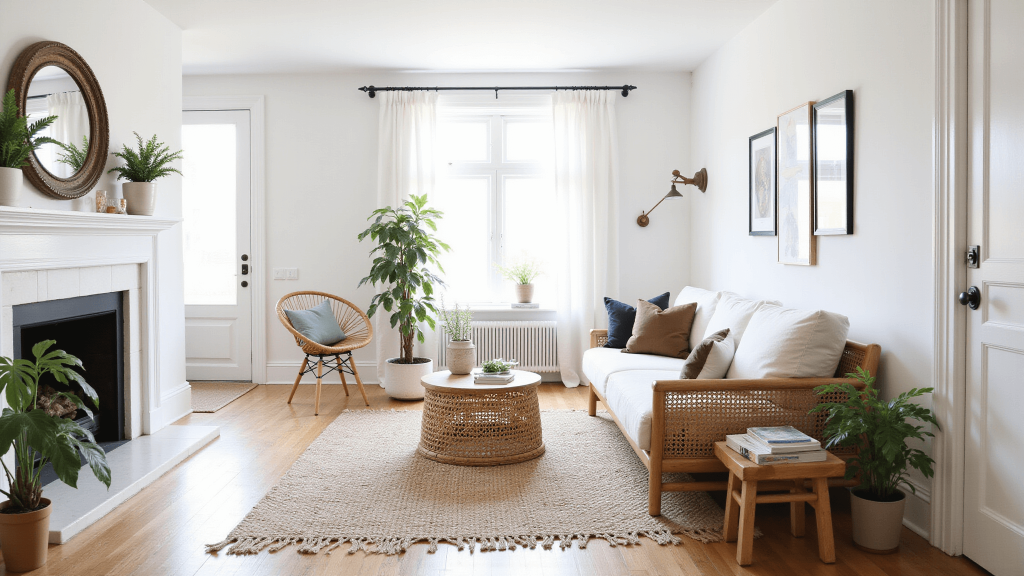 "Sunlit Scandinavian bohemian living room with white walls, oatmeal linen sofa, rattan accents, layered jute Persian rugs, monstera plants in ceramic pots, and natural textures illuminated by morning light"