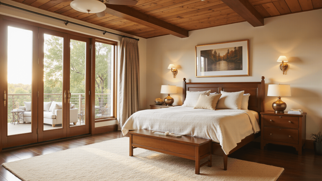 "Serene master bedroom with a walnut platform bed, brass accents, a cream wool rug, and sunlight streaming through floor-to-ceiling windows, creating a warm and sophisticated atmosphere"