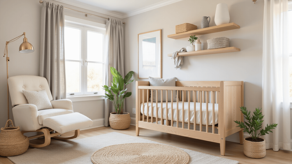 "Neutral nursery with oak crib, cream glider, woven baskets, minimal decor on wooden shelves, and natural lighting from a pendant lamp"