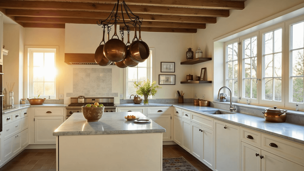 "Sunlit farmhouse kitchen with white cabinets, marble countertops, rustic wooden beams and hanging copper pots"