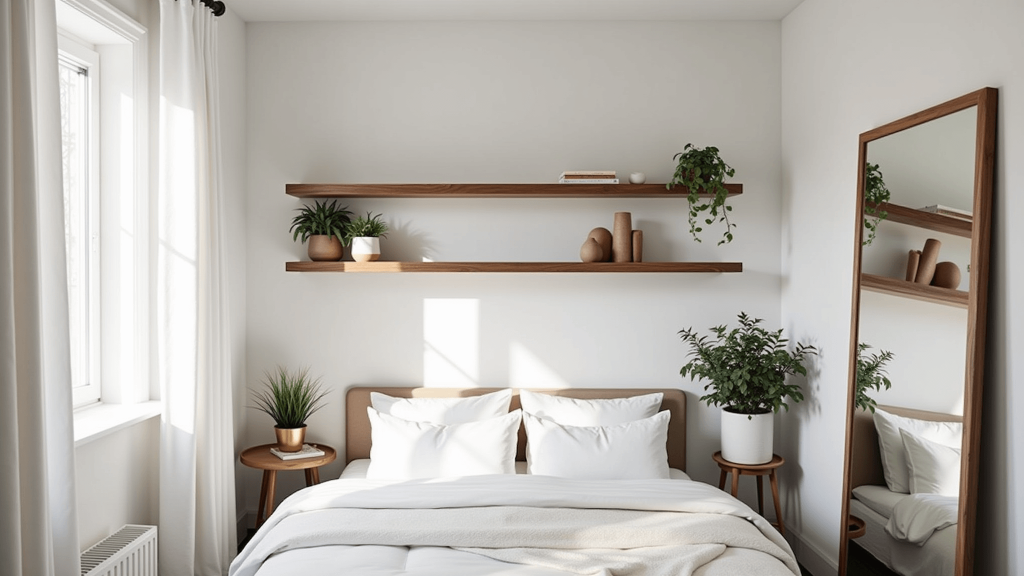 "Small tranquil bedroom with white walls, floating walnut shelves, layered white bed linens, floor-to-ceiling curtains, large mirror, potted plants, brass accents and Scandinavian-style decor"