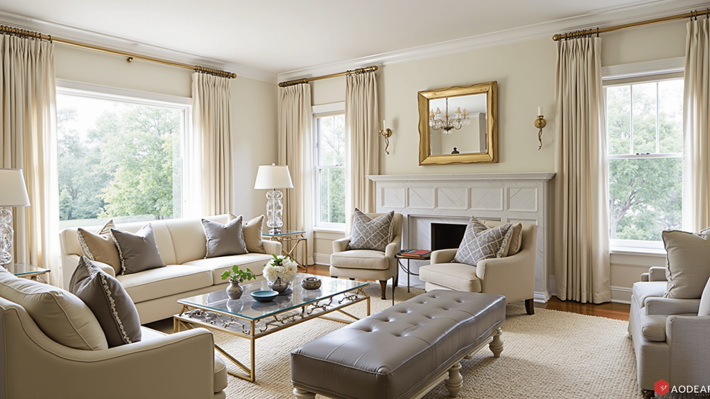 "Warm and inviting transitional living room with cream sectional, velvet chairs, marble coffee table, brass accents and crystal chandelier, bathed in natural light streaming through windows"