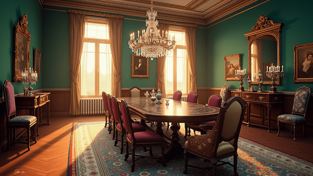 "Elegant Victorian dining room with emerald green walls, mahogany table, velvet chairs, and crystal chandelier in golden light"