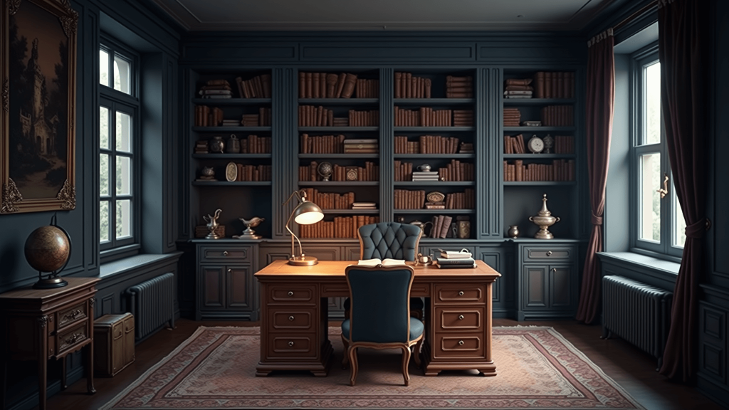 "Victorian study with navy walls, mahogany desk, brass lamp, antique artifacts, and moody lighting"