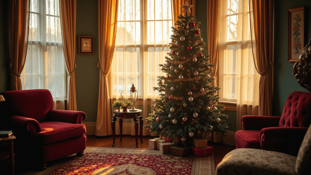 "Vintage Christmas living room with a Christmas tree decorated with mercury glass ornaments, a burgundy velvet armchair, Persian rug, brass accents, all in warm golden light."