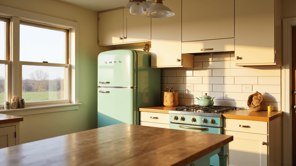 "Vintage modern kitchen with mint green SMEG fridge, cream shaker cabinets, butcher block island, and brass accents illuminated by warm, sunlit interior during golden hour"