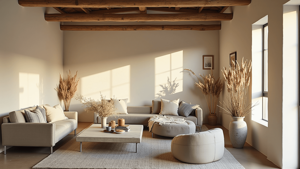 "Sunlit living room with weathered wood furniture, ceramics, linen textiles, exposed beams, dried pampas grass, in earthy tones of cream, gray, and brown."