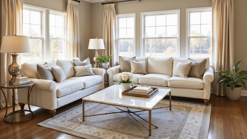"Elegant transitional living room with cream sofa, vintage rug, marble coffee table, and soft golden hour lighting"