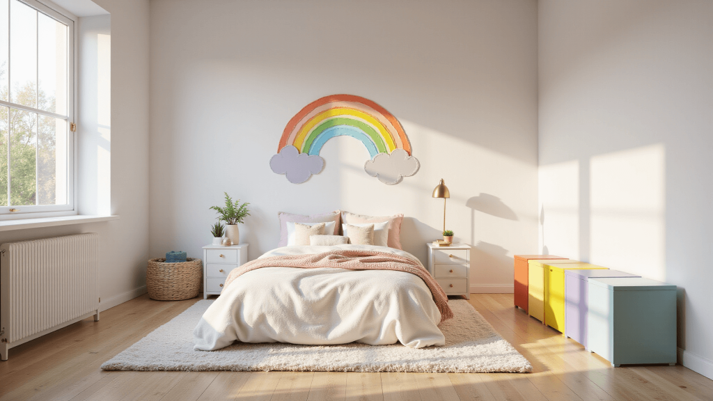 "Sunlit children's bedroom with rainbow mural, pastel bedding, colorful storage cubes, and prism crystals on light wooden floors"