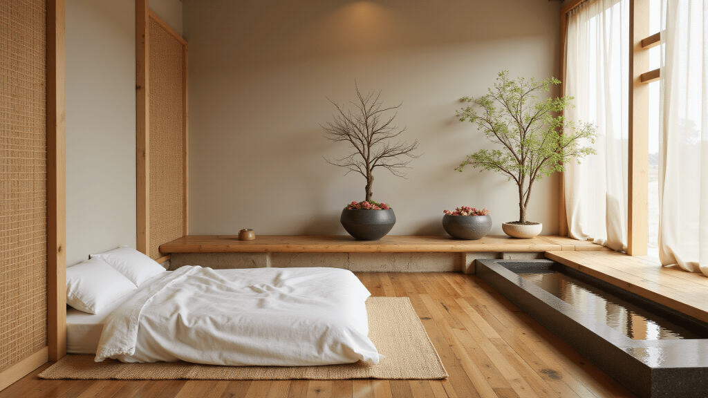 "Minimalist Zen-inspired interior with neutral palette, bamboo screens, stone water features, and a wooden bed, adorned with Bonsai trees and ambient paper lanterns."