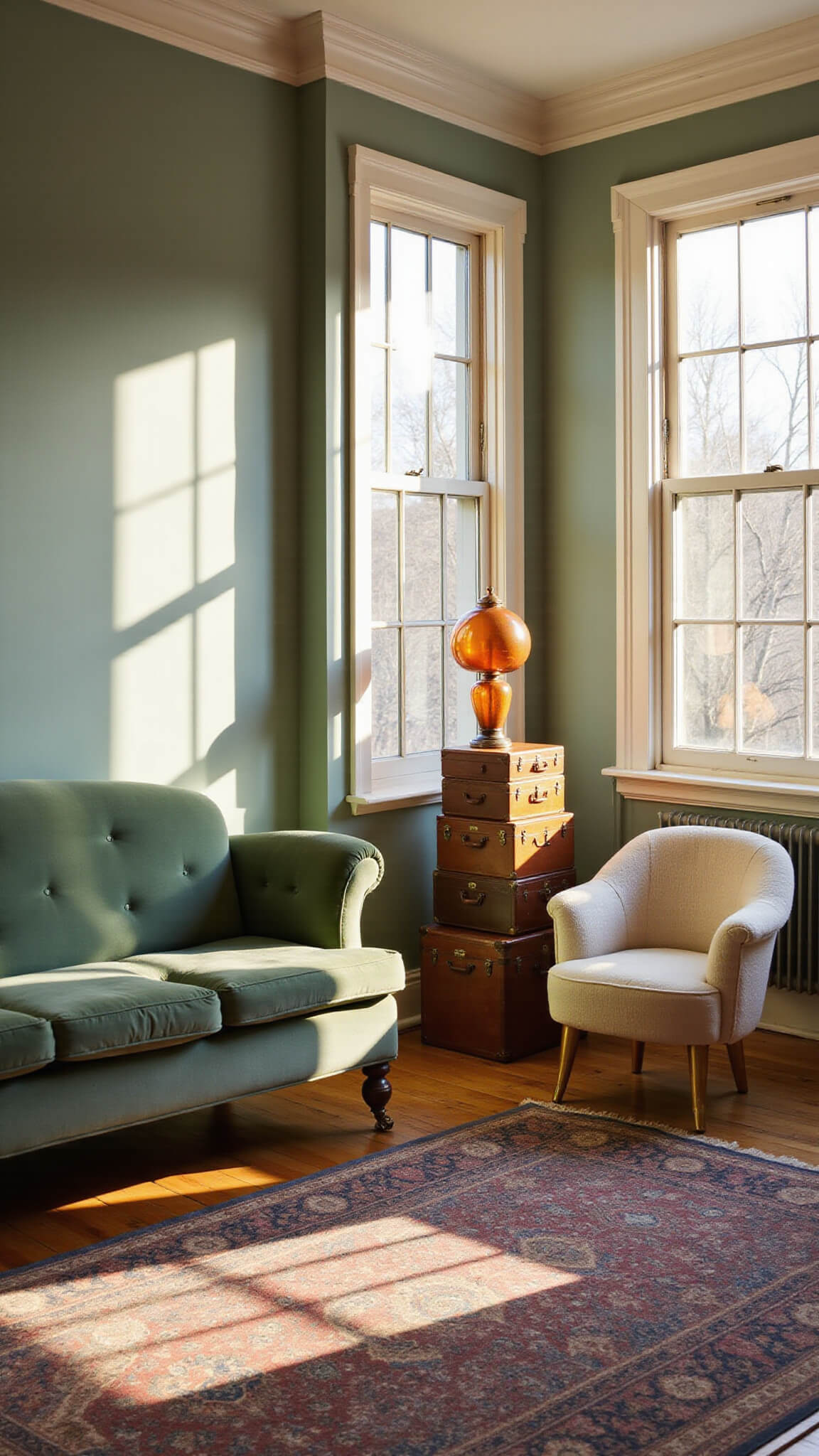 Sunlit vintage-style living room with sage green velvet sofa, cream bouclé armchair, stacked suitcase end table, Persian rug, and amber-glass Victorian lamp at golden hour.
