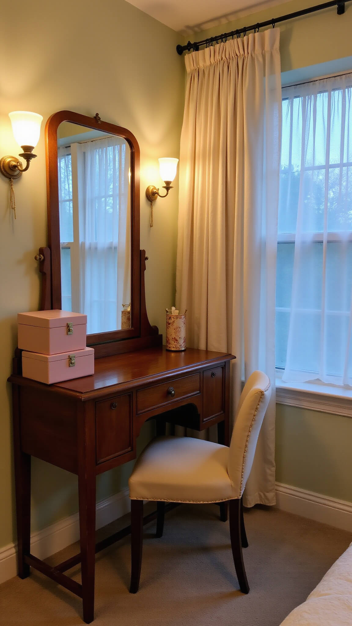 1930s walnut vanity with triple mirror and champagne silk chair in cozy bedroom corner at dusk, lit by brass sconces and filtered through gauzy curtains.